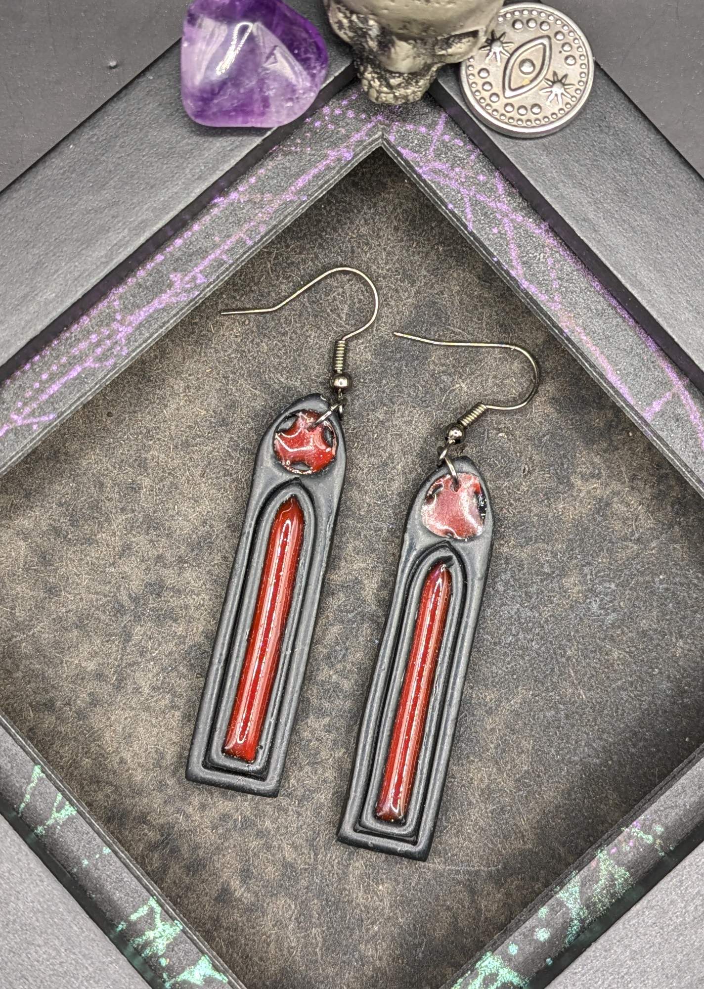 Red gothic stained glass window earrings